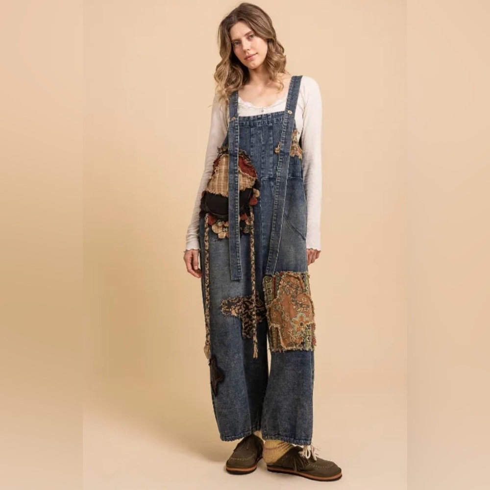 Boho Patchwork Denim Overalls NWT - image 1